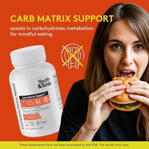 Píldoras Detox Balanceadas Youth & Tonic para Limpieza Intestinal Completa y Soporte de Carbohidratos con ACV, Glucomanano y Cromo, Suplemento para - imagen 3
