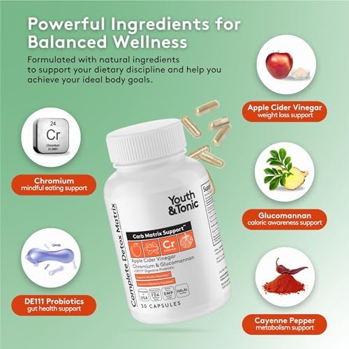 Píldoras Detox Balanceadas Youth & Tonic para Limpieza Intestinal Completa y Soporte de Carbohidratos con ACV, Glucomanano y Cromo, Suplemento para - imagen 5
