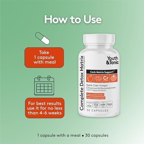 Píldoras Detox Balanceadas Youth & Tonic para Limpieza Intestinal Completa y Soporte de Carbohidratos con ACV, Glucomanano y Cromo, Suplemento para - imagen 6