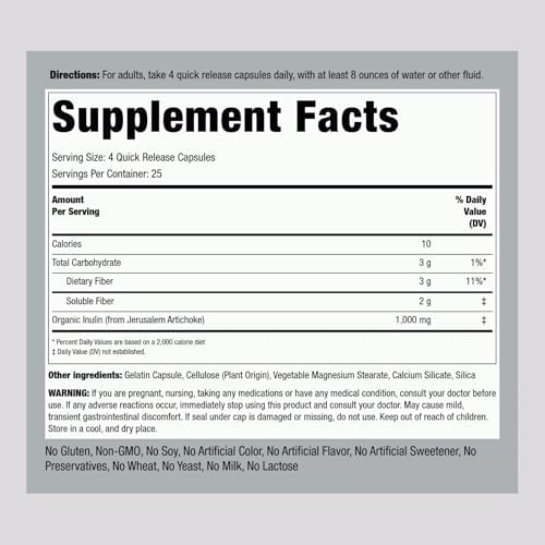Cápsulas de Inulina Orgánica Piping Rock 1000 mg | 100 Contenidos | Suplemento de Fibra Soluble | Bajo Índice Glucémico | Sin OGM, Sin Gluten - imagen 2