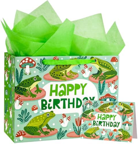 Bolsas de Regalo WRAPAHOLIC de Rana para Cumpleaños con Papel de Seda y Tarjeta - 10 x 5 x 13 pulgadas - Lindas Bolsas de Papel de Rana, Perfectas - imagen 1