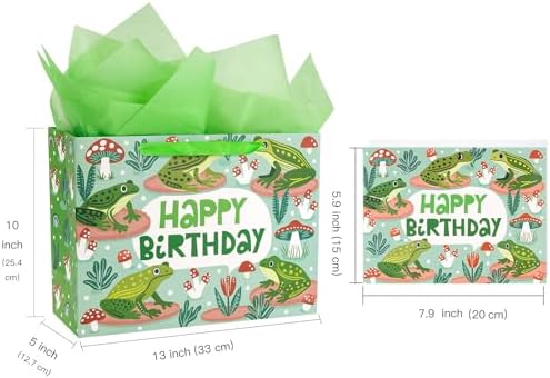 Bolsas de Regalo WRAPAHOLIC de Rana para Cumpleaños con Papel de Seda y Tarjeta - 10 x 5 x 13 pulgadas - Lindas Bolsas de Papel de Rana, Perfectas - imagen 2