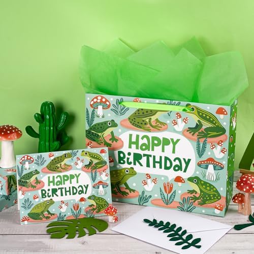 Bolsas de Regalo WRAPAHOLIC de Rana para Cumpleaños con Papel de Seda y Tarjeta - 10 x 5 x 13 pulgadas - Lindas Bolsas de Papel de Rana, Perfectas - imagen 4