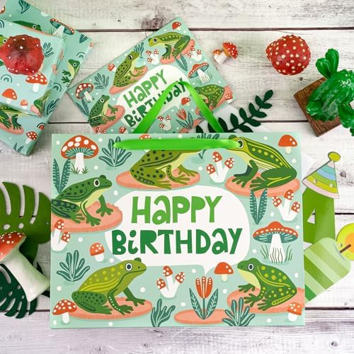 Bolsas de Regalo WRAPAHOLIC de Rana para Cumpleaños con Papel de Seda y Tarjeta - 10 x 5 x 13 pulgadas - Lindas Bolsas de Papel de Rana, Perfectas - imagen 7