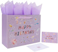 Set de Bolsa de Regalo Grande Qirrmiy de 13'' para Cumpleaños con Asa, Tarjeta de Felicitación, Papeles de Seda Morados y Stickers, Diseño Floral - imagen 1