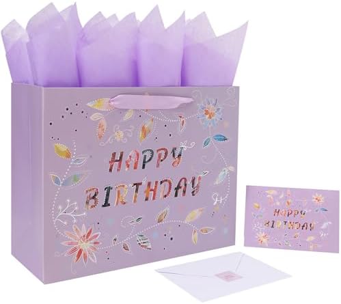 Set de Bolsa de Regalo Grande Qirrmiy de 13'' para Cumpleaños con Asa, Tarjeta de Felicitación, Papeles de Seda Morados y Stickers, Diseño Floral - imagen 1