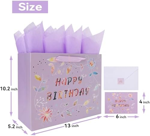 Set de Bolsa de Regalo Grande Qirrmiy de 13'' para Cumpleaños con Asa, Tarjeta de Felicitación, Papeles de Seda Morados y Stickers, Diseño Floral - imagen 2