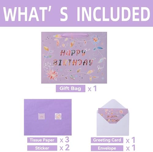 Set de Bolsa de Regalo Grande Qirrmiy de 13'' para Cumpleaños con Asa, Tarjeta de Felicitación, Papeles de Seda Morados y Stickers, Diseño Floral - imagen 3