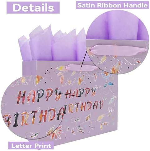 Set de Bolsa de Regalo Grande Qirrmiy de 13'' para Cumpleaños con Asa, Tarjeta de Felicitación, Papeles de Seda Morados y Stickers, Diseño Floral - imagen 4