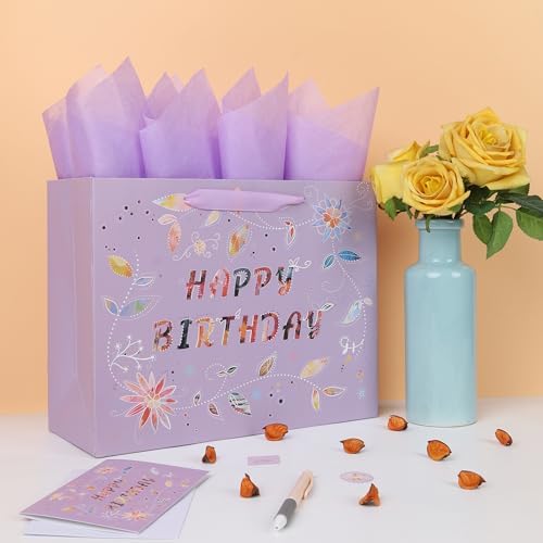 Set de Bolsa de Regalo Grande Qirrmiy de 13'' para Cumpleaños con Asa, Tarjeta de Felicitación, Papeles de Seda Morados y Stickers, Diseño Floral - imagen 5