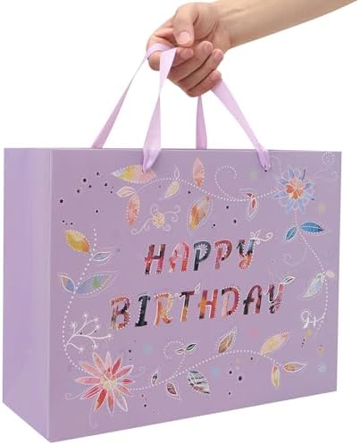 Set de Bolsa de Regalo Grande Qirrmiy de 13'' para Cumpleaños con Asa, Tarjeta de Felicitación, Papeles de Seda Morados y Stickers, Diseño Floral - imagen 6