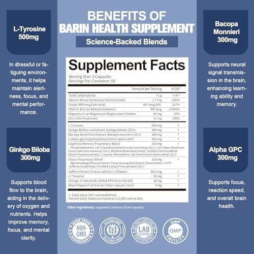 Suplementos Totara para la Memoria y Concentración丨Energía Sin Cafeína con L-Tirosina, Alpha GPC, Ginkgo Biloba, Bacopa Monnieri, Azafrán – Sin - imagen 5