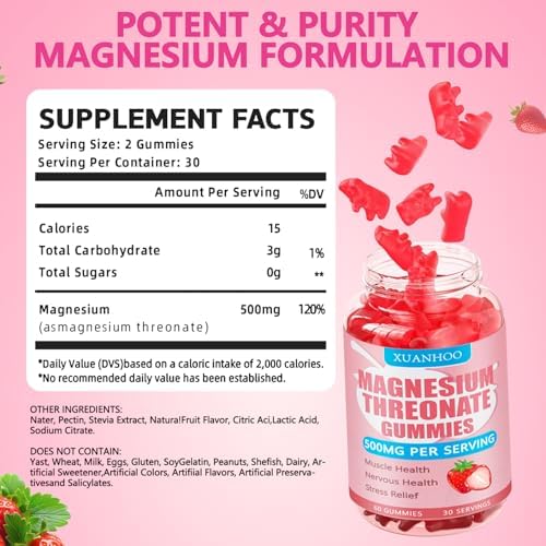 Gomitas de Magnesio Treonato, Suplemento de Magnesio, Sabor Fresa, 60 Gomitas, 250mg de Magnesio por Gomita, Salud Muscular y Nerviosa, Alivio del - imagen 2