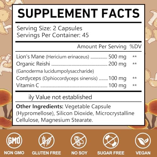 Suplemento en Cápsulas OMOGS Complejo de Hongos 10:1, Melena de León con Cordyceps y Reishi, para Salud Cerebral, Memoria, Enfoque y Sistema - imagen 2