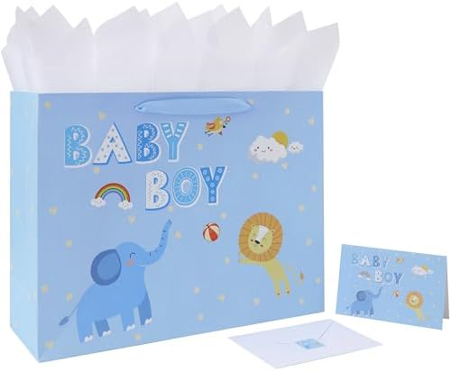 Set de Bolsa de Regalo Extra Grande de 16.5'' para Niño con Asas, Tarjeta de Felicitación, Papel de Seda y Calcomanías, Diseño de Elefante y León, 1 - imagen 1
