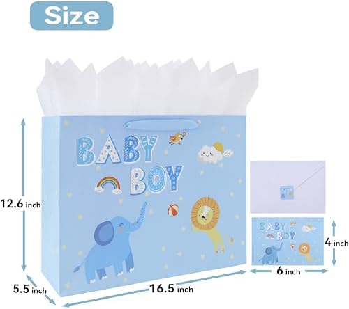 Set de Bolsa de Regalo Extra Grande de 16.5'' para Niño con Asas, Tarjeta de Felicitación, Papel de Seda y Calcomanías, Diseño de Elefante y León, 1 - imagen 2