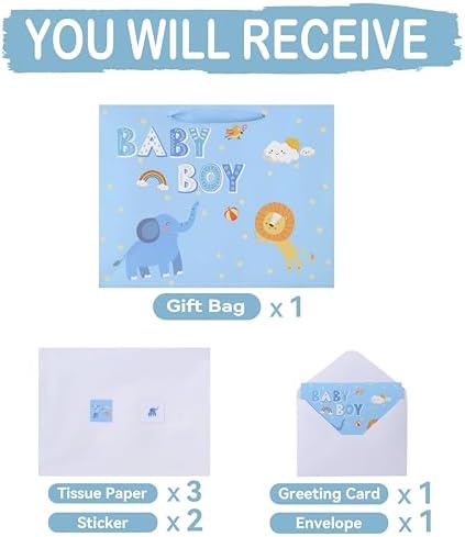 Set de Bolsa de Regalo Extra Grande de 16.5'' para Niño con Asas, Tarjeta de Felicitación, Papel de Seda y Calcomanías, Diseño de Elefante y León, 1 - imagen 3