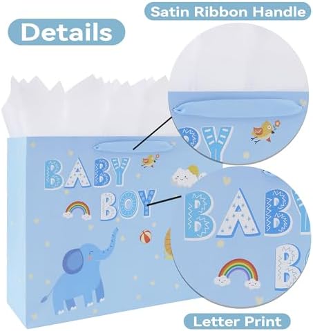Set de Bolsa de Regalo Extra Grande de 16.5'' para Niño con Asas, Tarjeta de Felicitación, Papel de Seda y Calcomanías, Diseño de Elefante y León, 1 - imagen 4