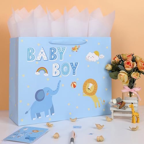 Set de Bolsa de Regalo Extra Grande de 16.5'' para Niño con Asas, Tarjeta de Felicitación, Papel de Seda y Calcomanías, Diseño de Elefante y León, 1 - imagen 5