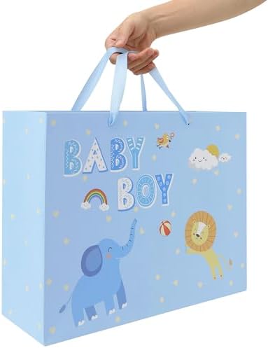 Set de Bolsa de Regalo Extra Grande de 16.5'' para Niño con Asas, Tarjeta de Felicitación, Papel de Seda y Calcomanías, Diseño de Elefante y León, 1 - imagen 6