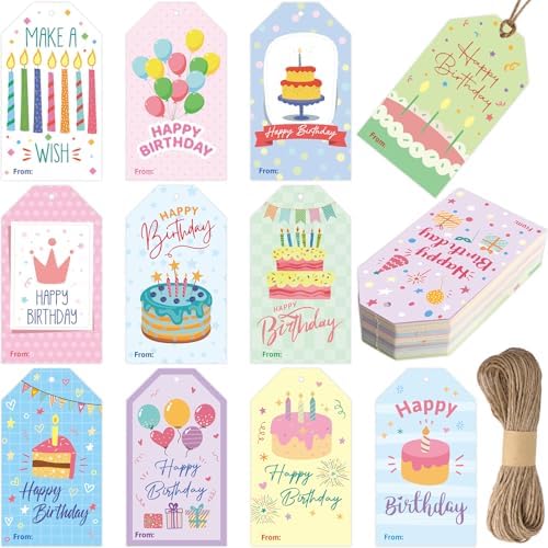 Etiquetas de Regalo de Cumpleaños Fancy Land 60 Pcs Coloridas Etiquetas Colgantes con Cuerdas 2 x 3.5 para Celebrar Fiestas - imagen 1