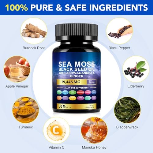 Cápsulas de Aceite de Semilla de Negro con Musgo Marino, Ashwagandha, Jengibre y Cúrcuma - Suplemento de Gomas con Raíz de Bardana, Vitamina C, D3 y - imagen 2