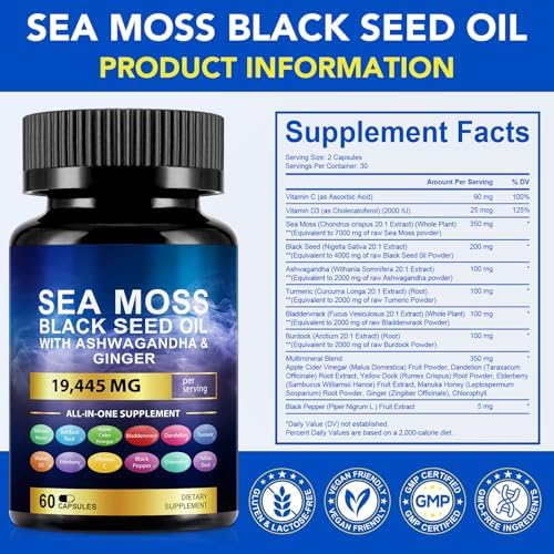 Cápsulas de Aceite de Semilla de Negro con Musgo Marino, Ashwagandha, Jengibre y Cúrcuma - Suplemento de Gomas con Raíz de Bardana, Vitamina C, D3 y - imagen 7