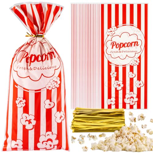 Bolsas de Palomitas MAQIHAN 100 Piezas - Bolsas Plásticas para Servir con Cierre, Ideal para Fiestas, Halloween, Navidad y Noche de Película - imagen 1