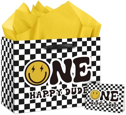 Bolsa de Regalo de Cumpleaños One Happy Dude con Papel de Seda y Tarjeta de Felicitación, Regalos para Niño de 1 Año, Decoraciones para Fiesta de r - imagen 1