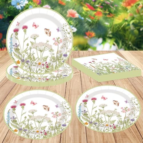 40 Piezas de Platos y Servilletas Desechables de Papel con Flores de Primavera, 20 Platos de Postre de 9 Pulgadas y 20 Servilletas para Decoraciones - imagen 2