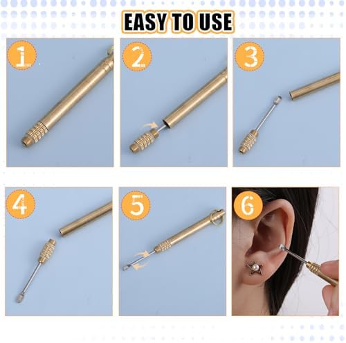 Juego de 2 Herramientas para Remover Cerumen, Cucharilla de Cobre Plegable, Limpiador de Oídos Portátil con Anillo, Color Dorado - imagen 4