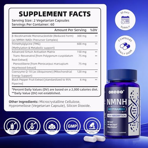 Suplemento Oneoo NMNH con NAD, Máxima Potencia con Resveratrol, Pterostilbeno, CoQ10 y Pimienta Negra, Energía Celular y Apoyo Antienvejecimiento, - imagen 2