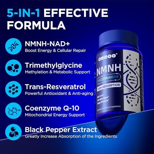 Suplemento Oneoo NMNH con NAD, Máxima Potencia con Resveratrol, Pterostilbeno, CoQ10 y Pimienta Negra, Energía Celular y Apoyo Antienvejecimiento, - imagen 4