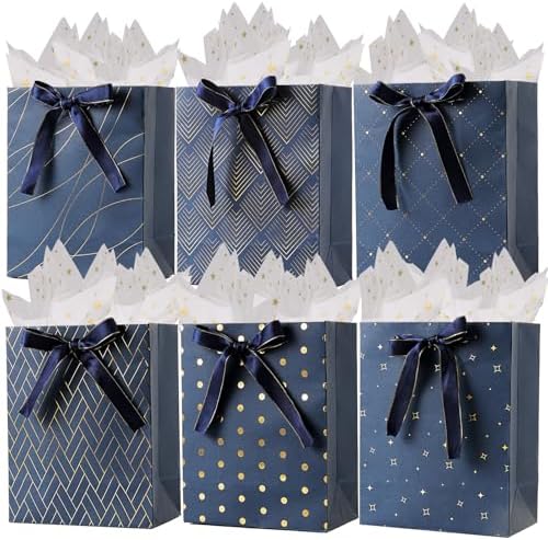 Paquete de 6 bolsas de regalo Enfoldia de 9 en azul marino con asas y papel de seda dorado para hombres, cumpleaños, Día del Padre, graduaciones y - imagen 1