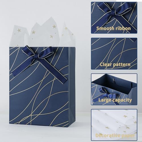 Paquete de 6 bolsas de regalo Enfoldia de 9 en azul marino con asas y papel de seda dorado para hombres, cumpleaños, Día del Padre, graduaciones y - imagen 3