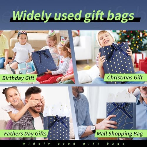 Paquete de 6 bolsas de regalo Enfoldia de 9 en azul marino con asas y papel de seda dorado para hombres, cumpleaños, Día del Padre, graduaciones y - imagen 4