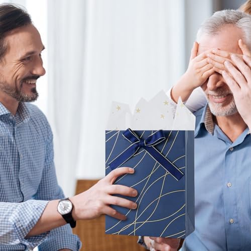 Paquete de 6 bolsas de regalo Enfoldia de 9 en azul marino con asas y papel de seda dorado para hombres, cumpleaños, Día del Padre, graduaciones y - imagen 5