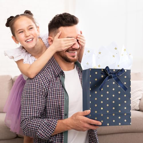 Paquete de 6 bolsas de regalo Enfoldia de 9 en azul marino con asas y papel de seda dorado para hombres, cumpleaños, Día del Padre, graduaciones y - imagen 6