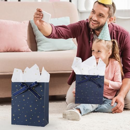 Paquete de 6 bolsas de regalo Enfoldia de 9 en azul marino con asas y papel de seda dorado para hombres, cumpleaños, Día del Padre, graduaciones y - imagen 7