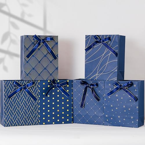Paquete de 6 bolsas de regalo Enfoldia de 9 en azul marino con asas y papel de seda dorado para hombres, cumpleaños, Día del Padre, graduaciones y - imagen 8