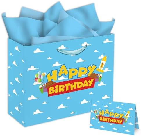 Set de Bolsas de Regalo de Fiesta de Cuento de Caricatura de 13 con Tarjeta de Felicitación y Papel de Seda, Tema de Juguetes Cumpleaños Cielo Azul - imagen 1