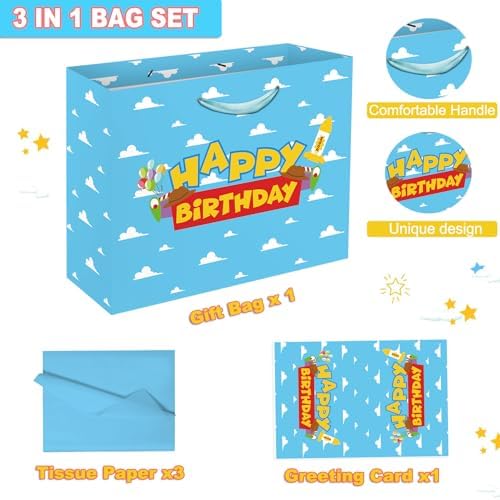 Set de Bolsas de Regalo de Fiesta de Cuento de Caricatura de 13 con Tarjeta de Felicitación y Papel de Seda, Tema de Juguetes Cumpleaños Cielo Azul - imagen 2