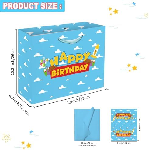 Set de Bolsas de Regalo de Fiesta de Cuento de Caricatura de 13 con Tarjeta de Felicitación y Papel de Seda, Tema de Juguetes Cumpleaños Cielo Azul - imagen 3