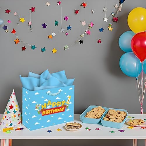 Set de Bolsas de Regalo de Fiesta de Cuento de Caricatura de 13 con Tarjeta de Felicitación y Papel de Seda, Tema de Juguetes Cumpleaños Cielo Azul - imagen 4