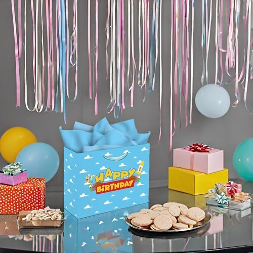 Set de Bolsas de Regalo de Fiesta de Cuento de Caricatura de 13 con Tarjeta de Felicitación y Papel de Seda, Tema de Juguetes Cumpleaños Cielo Azul - imagen 5