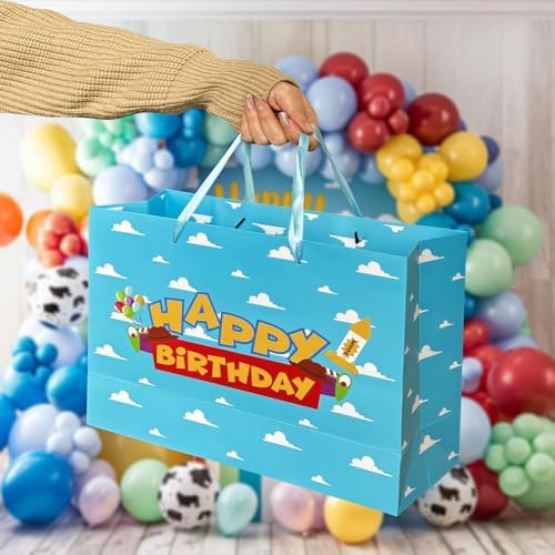 Set de Bolsas de Regalo de Fiesta de Cuento de Caricatura de 13 con Tarjeta de Felicitación y Papel de Seda, Tema de Juguetes Cumpleaños Cielo Azul - imagen 6