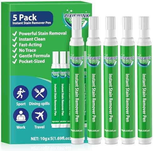 PIXIEWINK Bolígrafos Quitamanchas para Ropa, Paquete de 5 – Pluma Quitamanchas Instantánea para Viajes, Ideal para Comida, Café, Vino, Maquillaje, - imagen 1