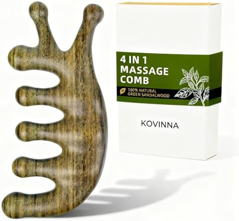 Peine de Masaje KOVINNA de Madera de Sándalo Verde 4 en 1 y Herramienta Gua Sha para Cuero Cabelludo, Cara y Cuerpo – Regalo de Lujo para Mujeres, - imagen 1