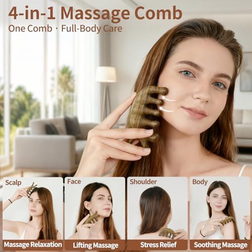 Peine de Masaje KOVINNA de Madera de Sándalo Verde 4 en 1 y Herramienta Gua Sha para Cuero Cabelludo, Cara y Cuerpo – Regalo de Lujo para Mujeres, - imagen 2