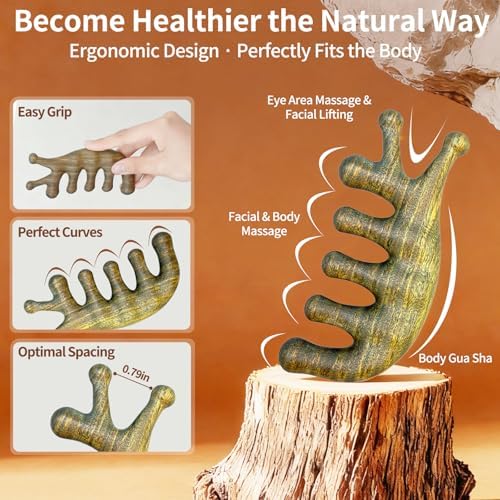 Peine de Masaje KOVINNA de Madera de Sándalo Verde 4 en 1 y Herramienta Gua Sha para Cuero Cabelludo, Cara y Cuerpo – Regalo de Lujo para Mujeres, - imagen 6